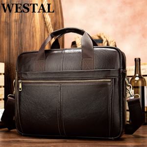 WESTAL 남성용 서류 가방, 정품 가죽 메신저 가방, 14 인치 노트북 가방, 사무실 비즈니스 가방, 문서 8572