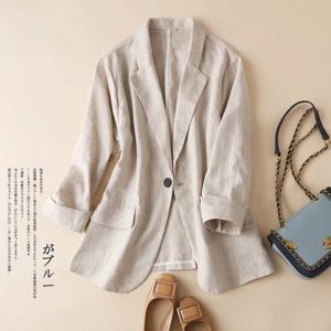 코튼 리넨 스몰 수트 여성용 블레이저, 얇은 코트, 3/4 소매 캐주얼 블레이저 재킷, 한국 패션, 2022 여름 신상