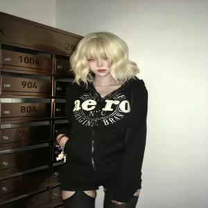 빈티지 편지 그래픽 펑크 2000년대 소녀 Y2k 까마귀 지퍼 업 한국어 달콤한 자른 슬림 스웨터 캐주얼 여성 블라우스 고스 후드