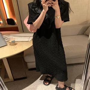 플러스 사이즈 캐주얼 티셔츠 드레스 여성 여름 레이지 스타일 루즈핏 하이웨이스트 반팔 라운드넥 롱 드레스 한국 버전