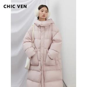 시크벤 한국 여성용 다운 코트 루즈핏 솔리드 신상 90 화이트 덕다운 후드 방풍 롱 여성 퍼프 다운 재킷 겨울 2025