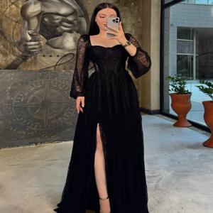 맞춤형 고품질 패션 레이스 주름 주름 A 라인 스퀘어 넥 롱 드레스 맞춤형 행사 드레스 사이즈 이용 가능 섹시