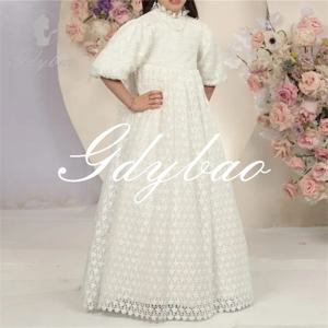 맞춤형 하이넥 플리츠 아플리케 퍼프 소매 A라인 레이스 플라워 걸 드레스 플로어 길이 우아한 정장 첫 영성체 가운