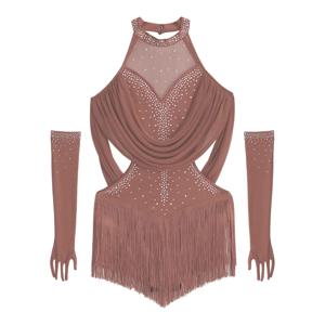 Childs Girls Tassel 라틴 댄스 레오타드 의상 룸바 차차 탱고 바디수트 메쉬 장갑 무대 공연 키즈 댄스웨어