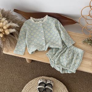 여름 뜨거운 유럽 스타일 스타일 꽃 자수 아기 Onesie 세트 통기성 긴 소매 탑 + 반바지 아기 2Pcs 세트