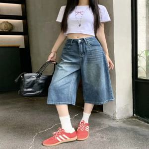 여름 아메리칸 스타일 빈티지 여성 배기 진 Y2k 루즈 워싱 하이웨이스트 니렝스 데님 팬츠 스트리트웨어 와이드 레그 숏팬츠