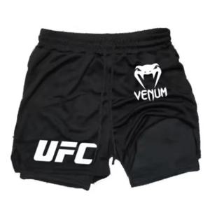 UFC 로고 남성용 유럽 사이즈 이중 레이어 스포츠 트레이닝, 러닝, 워킹, 편안함, 통기성, 휴대폰, 타월 반바지