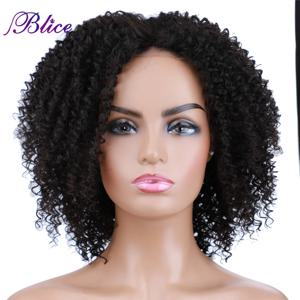 Blice Afro Kinky Curly 중간 부분 클로저 가발 천연 혼합 합성 머리 가발 여성용 16 인치 블랙 컬러