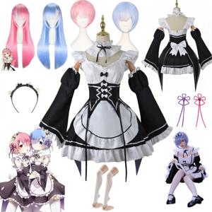 Anime Ram Rem 메이드 코스프레 제로 의상과 다른 세계에서의 삶 여성 Loli 드레스 할로윈 파티 정장
