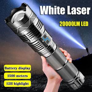 고출력 백색 레이저 손전등 초강력 LED 스포트라이트 장거리 토치 줌 비상용 야외 배터리 표시기 포함