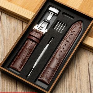 나무 상자 나비 걸쇠 시계 밴드 교체 정품 가죽 스트랩 18mm 20mm 22mm 팔찌 시계 액세서리와 시계 밴드