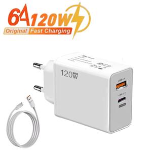 120W 2 in 1 USB GaN 충전기 고속 충전기 (삼성, 화웨이, 샤오미, 아이폰용 C타입 케이블 포함) 퀵차지 폰 어댑터