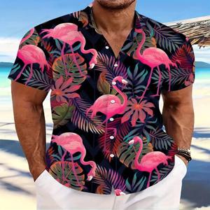 여름 남성 직업 옷깃 Camisa 대형 하와이 셔츠 플라밍고 3d 인쇄 패션 남성 여성 해변 짧은 소매 블라우스 소년