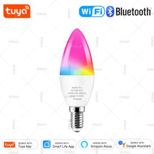 Tuya E14 촛불 램프 스마트 라이프 App 제어 스마트 전구 WiFi 또는 블루투스 RGB + CW LED 조명 220V 디밍이 가능한 크리스탈 램프 룸 장식
