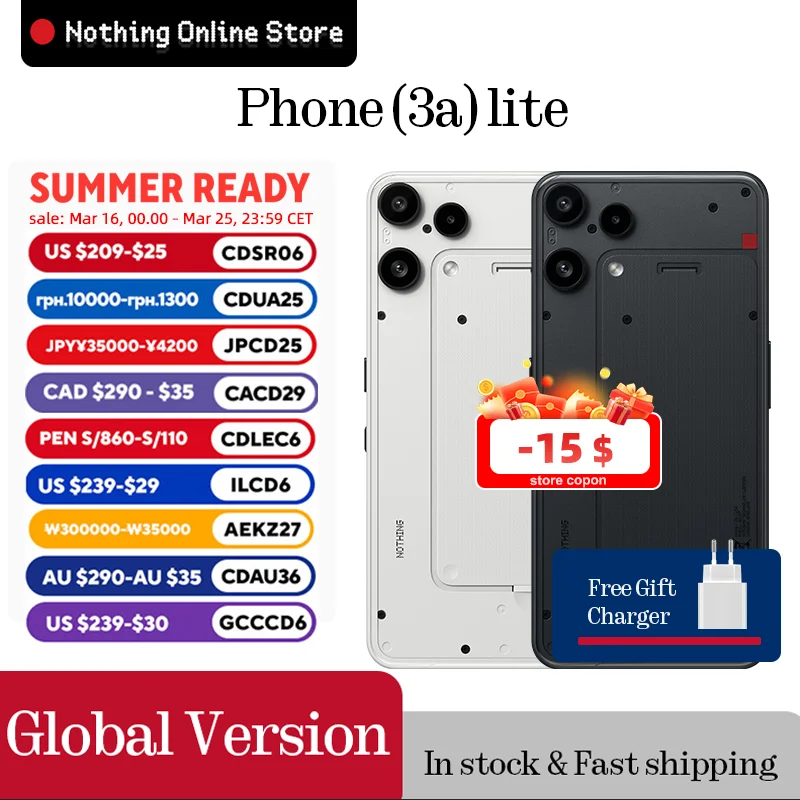 재고 있음 Nothing Phone (3a) 라이트 글로벌 버전 미디어텍 디멘시티 7300 프로5G 6.77 AMOLED 120Hz 5000mAh 50MP 카메라
