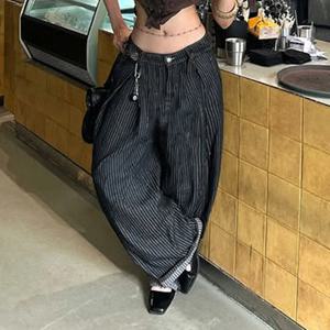 SUCHCUTE 여성 스트라이프 릴렉스 핏 청바지 레트로 로우라이즈 와이드 레그 데님 팬츠 그런지 루즈핏 바지 2026 봄 Y2K 의류 2026