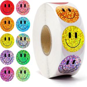 500 Pcs 스마일 페이스 스티커 롤 레이저 다채로운 해피 페이스 스티커 교실용 등교 생일 교사 보상, 1인치