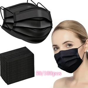 100pcs 검은 일회용 얼굴 마스크 매일 여행 작업 사용을위한 3 레이어 통기성 방진 보호 마스크 페이셜 케어 액세서리