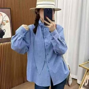 SUTA 프렌치 스트링 리본 하이넥 셔츠 봄가을 블루 스트라이프 셔츠 여성 긴팔 스트라이프 셔츠