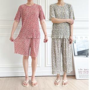 (1+1) 플라워 플리츠 쿨링 와이드 반팔 5부 8부 팬츠 아이스 냉감 홈웨어 밴딩 바지