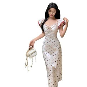 미니멀 엘레강스 빈티지 레드 도트 원피스 기질 일자 어깨 작고 상큼한 플라워 드레스 롱스커트 여