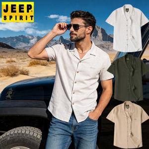 JEEP SPIRIT 남성 린넨 반팔 셔츠 오픈카라 여름 쿨 루즈핏 셔츠