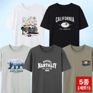 1+1+1+1+1 스타일아유 남성 여름용 통기성 좋은 면 루즈핏 반팔 티셔츠 5종세트 TS3541