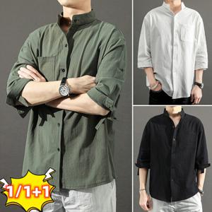 1/1+1 남성 면 마 루즈핏 셔츠 면 마 통기 칠부 셔츠 얇은 클래식 린넨셔츠 솔리드 셔츠