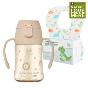 네이쳐러브메레 애니멀프렌즈 PPSU 원터치 빨대컵 210ml + 방수 일회용 턱받이(40매) 1개