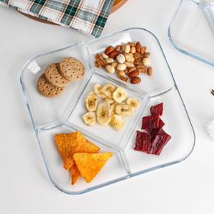 5칸 사각 일자형 강화 유리 나눔 접시 대형/플레이팅/집들이/식판/반찬/글라스/투명/예쁜그릇/식기/안주