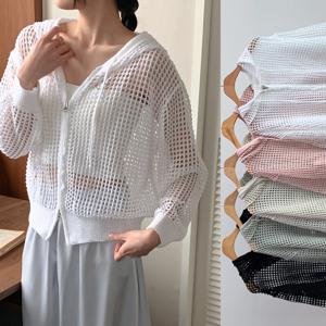 여성 여름 니트 후드 집업 가디건 점퍼 그물 뜨개 크로쉐 루즈핏 비치 해외여행 펀칭 레이스 커버업 수영장