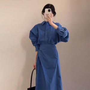 SUTA 셔츠원피스 프렌치 햅번 여성 봄가을 긴팔 셔츠 스커트 롱 원피스