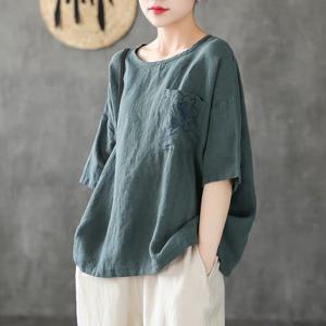 자수 면 린넨 티셔츠 캐주얼 반팔티 루즈핏 블라우스  여름티 캐주얼 반팔 여성용 라운드넥 맨투맨 티셔츠