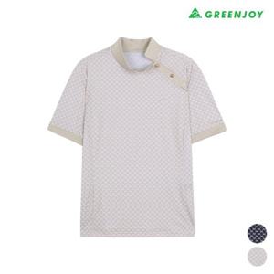 [그린조이] 여성 사선 버튼 매쉬 프린트 반팔 티셔츠