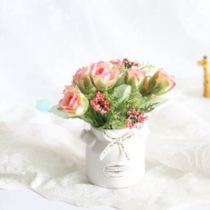 작은정원 도자기 장미 조화화분(코랄) 미니 조화꽃