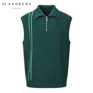 [세인트앤드류스] 남성 윙카라 반집업 로고 자가드 니트 베스트