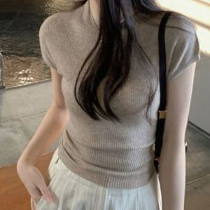 심플 베이직 여성 백리스 캡소매 골지 반팔 니트