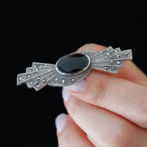 바이데이지 라운드 오닉스 마카사이트 실버 브로치 Bb0469