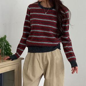 [샵앤][샵앤] 국산 여성 배색 단가라 긴팔 니트티 21DS-WKN-4889