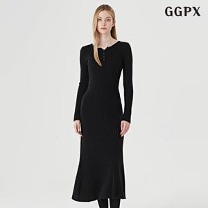 GGPX 골지 슬림핏 버튼넥 울 플레어 롱 원피스 (GODOW017D)