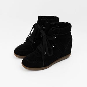 [신난다슈] 여성 하이탑 스니커즈 7cm 여자 키높이 운동화 소가죽 스웨이드 통굽 AG250001 블랙