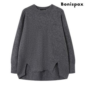 [보니스팍스]라운드 오버핏 언발 밑단 트임 베이직 니트 (XP4KT038L0)