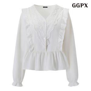 [지지피엑스]프렌치 레이스 브이넥 페플럼 블라우스 (GQABA010D)