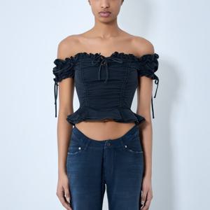 26 SS 발렌시아가 게더드 레이스업 프릴 오프숄더 크롭 탑 858105 TSVE6 1041