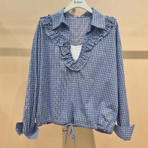 라티움 HC34 봄 구김덜한체크패턴 프릴배색브이넥루즈핏셔츠남방 T2613se07