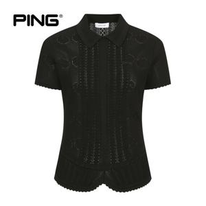 [PING] 여성 스칼럽 꽃무늬 카라 반팔 니트 121F2SR551_BK