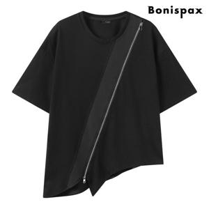 [보니스팍스] 엣지컷 사선 지퍼 반팔 티셔츠 (XQ2LW015L0)