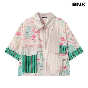[BNX]컬러풀 믹스 패턴 크롭 빈티지 반팔 셔츠 (BY2BL001L0)
