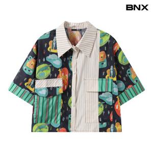 [BNX]유니크 믹스 패턴 포켓 크롭 반팔 셔츠 (BY2BL002L0)