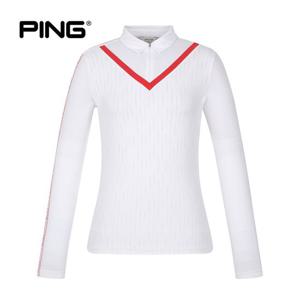 [PING] 여성 소재 믹스 V배색 카라 긴팔 티셔츠